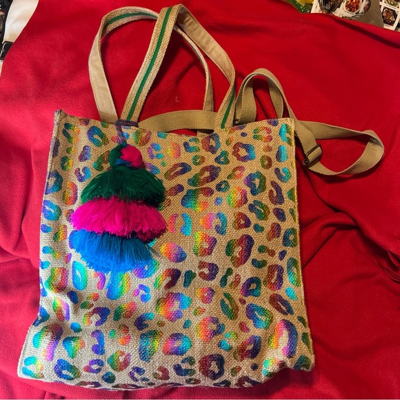 Rainbow metallic leopard handstamped jute tote with adjustable, cross body nwot - Picture 2 of 13